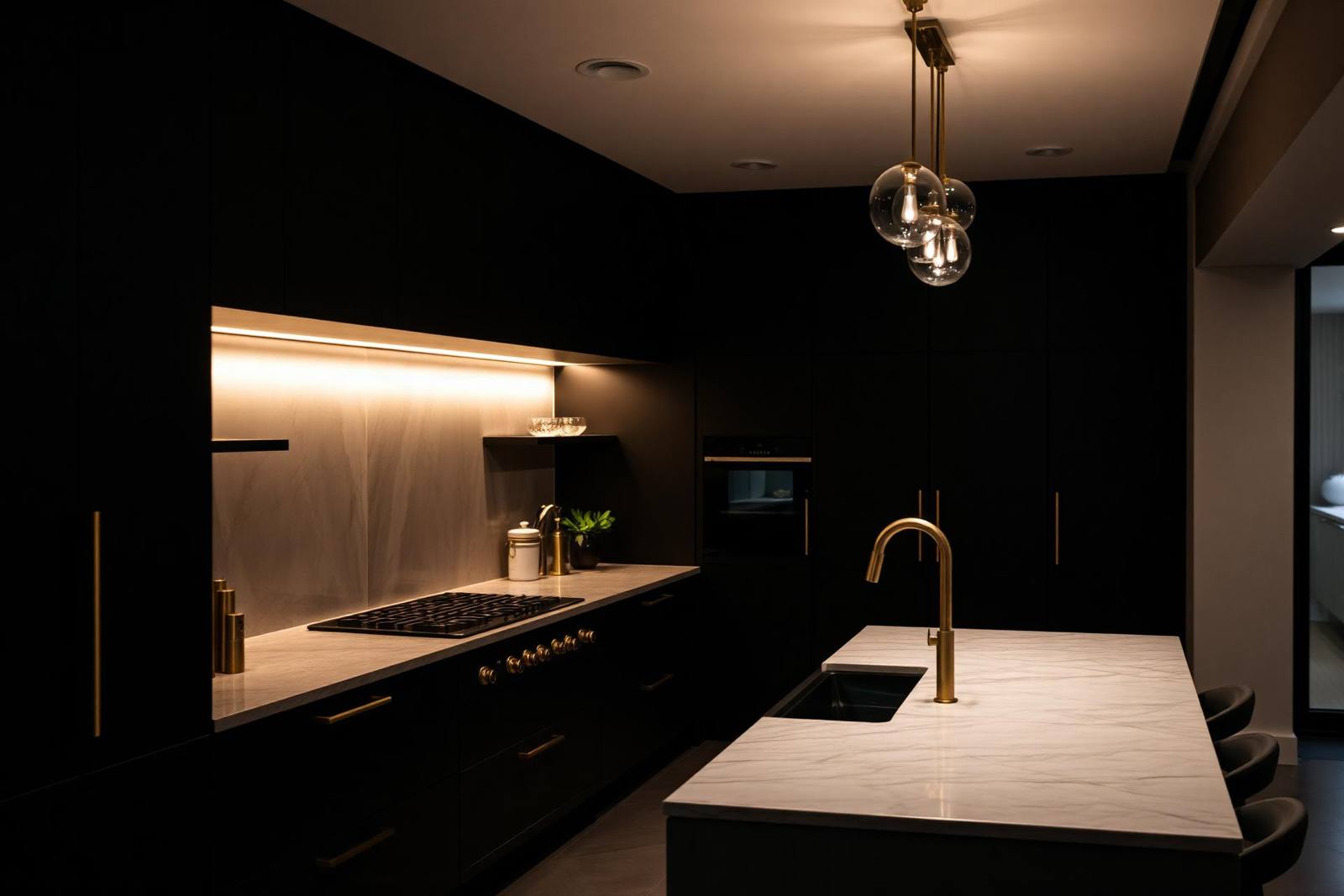Sophisticated dark luxury kitchen with brass accents and marble island